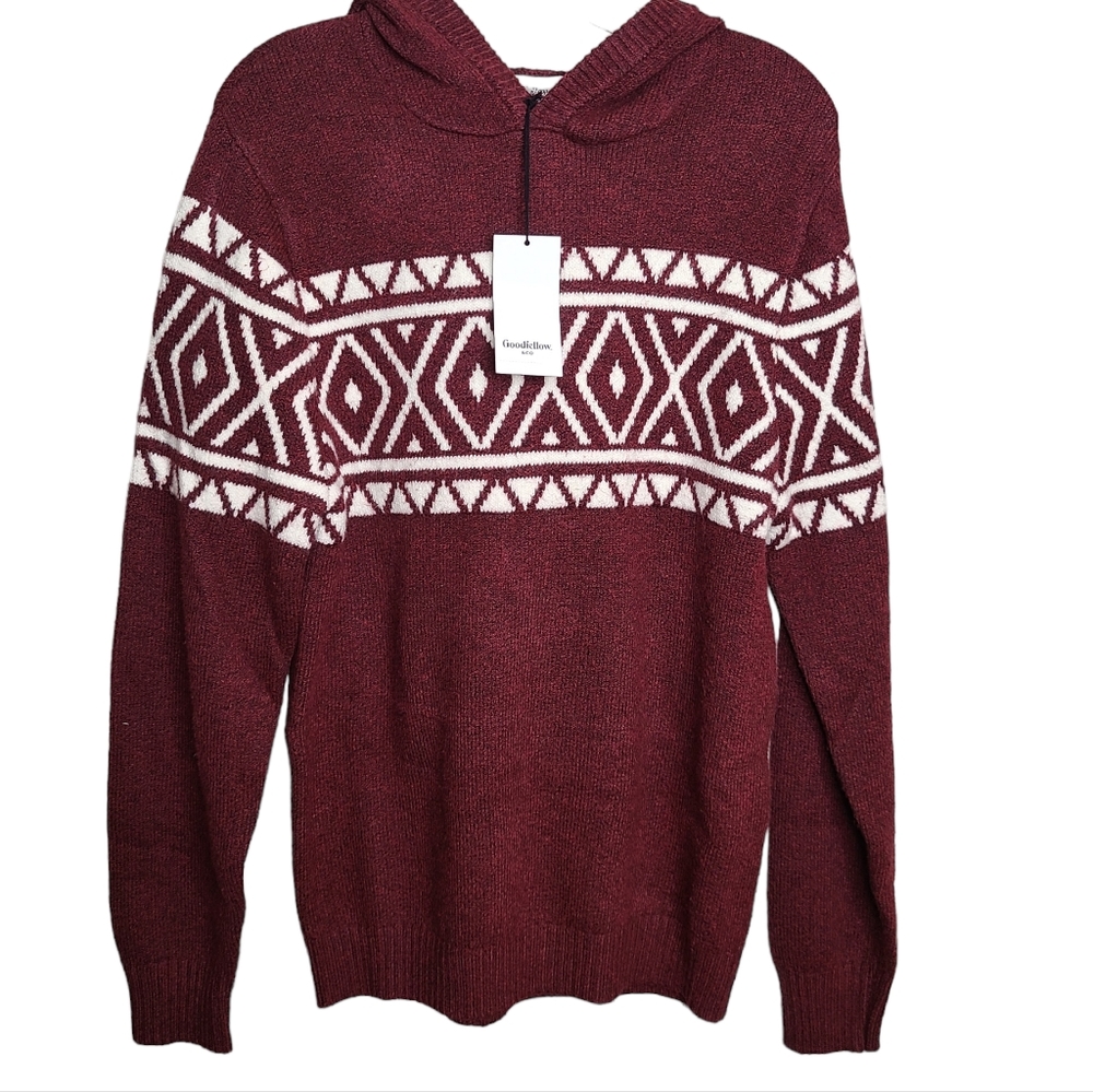 Goodfellow & Co Men's Burgundy Hoodie Fair Isle Pullover Sweater NWT Small